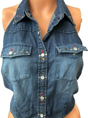 Route 66 Blue Denim Studded Halter Top with Multicolor Studs